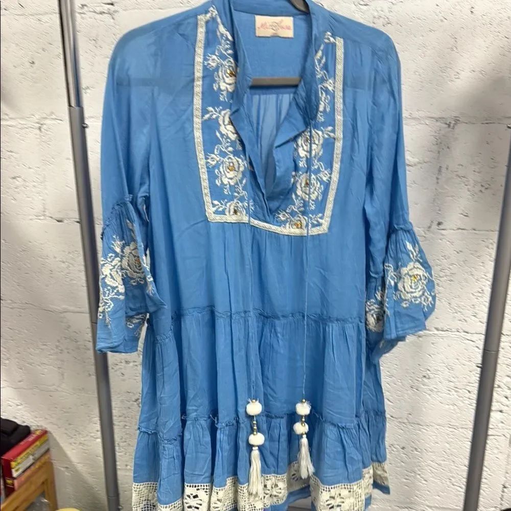 Blue Embroidered Dress w White Accents MISS JUNE Summer Dress Like New Medium
